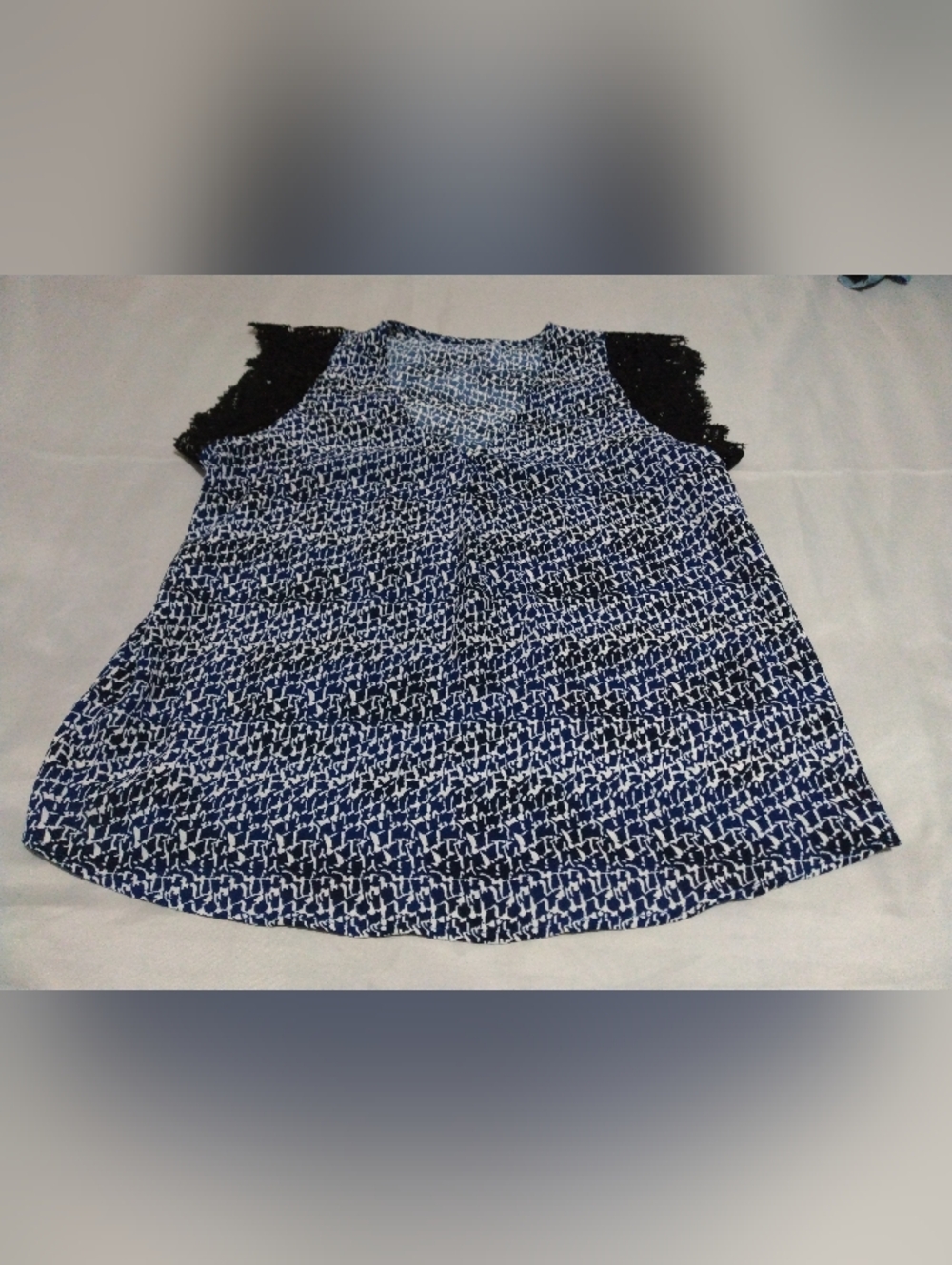 Navy Patterned Sleeveless Top with Lace Detail
